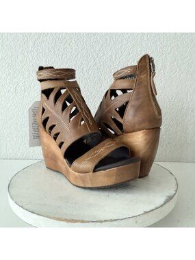 Lane Becca Brown Wedge Sandals Womens 9.5 Western Wooden Heel Leather Zipper